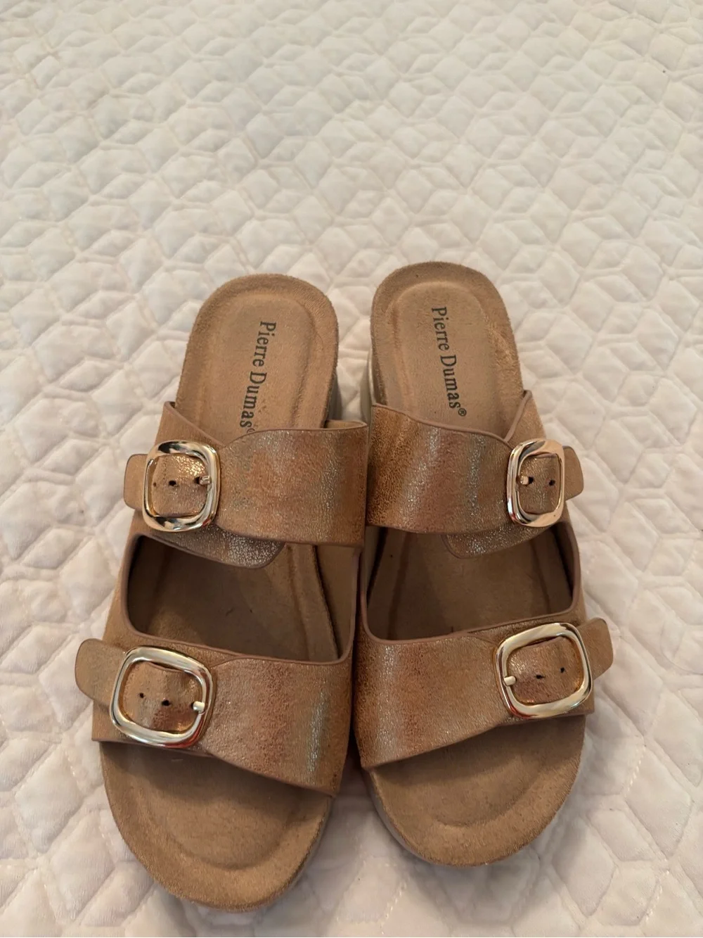 Pierre Dumas Metallic Bronze Double Buckle Slide Mules